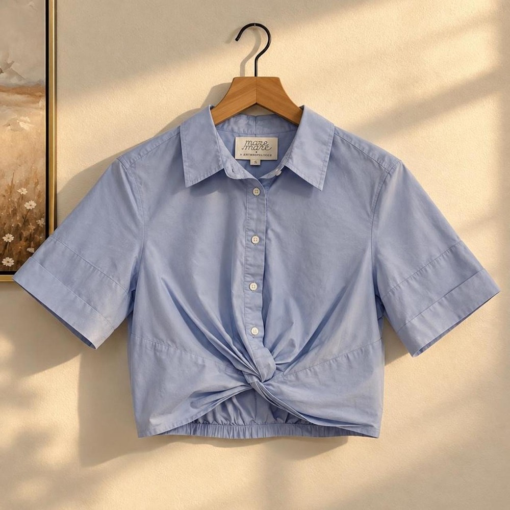 Mare Mare x Anthropologie Shelley Twist Front Cropped Button Shirt Blue Small